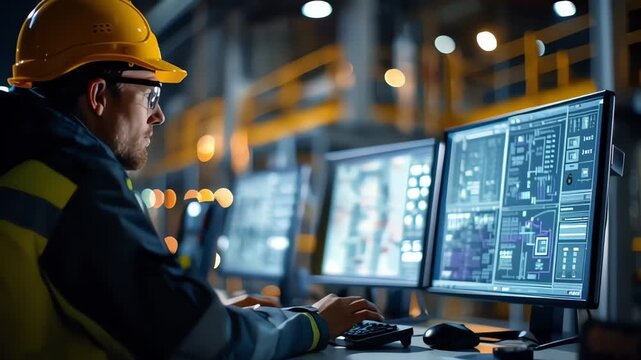 Engineer monitoring factory automation systems using several computer screens in industrial control room
