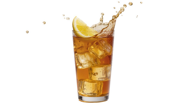 Refreshing iced tea drink with a vibrant lemon slice and melting ice cubes, creating a dynamic splash, isolated PNG on transparent background