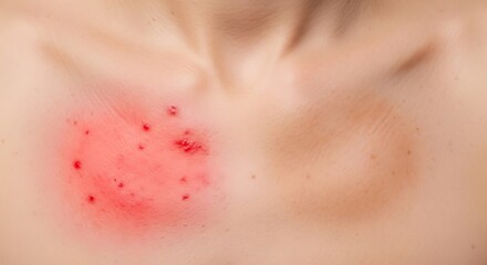 Fototapeta premium A close up view of an inflamed skin rash with red bumps located on the upper chest of a person