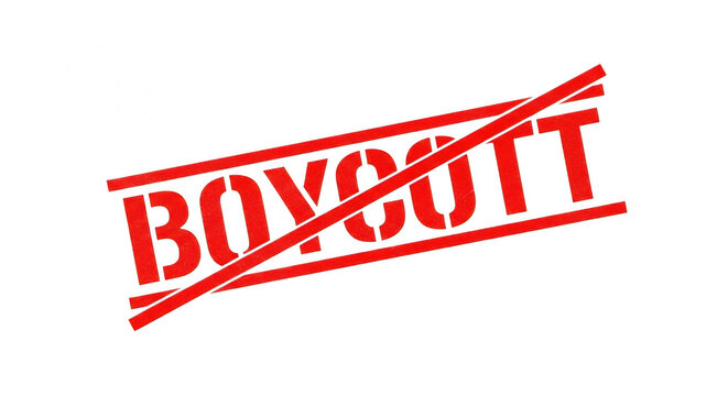 Red rubber stamp with the word boycott and a line through the text isolated png