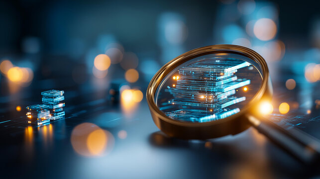 Abstract bright visualization of an anti money laundering investigation concept a glowing magnifying glass icon focused on a stack of digital block elements representing layered