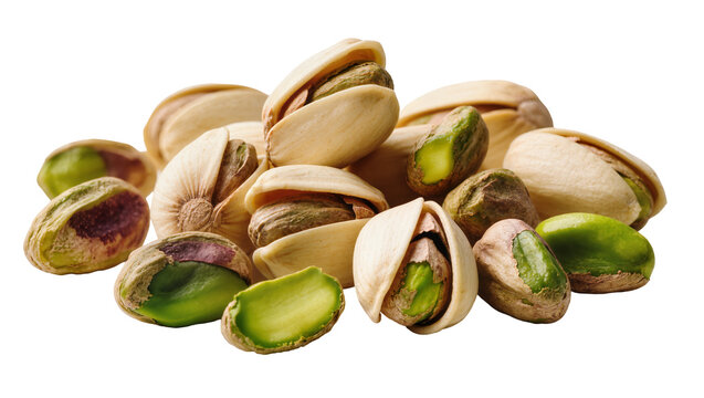 A delicious pile of fresh, healthy pistachios, some shelled and some in their natural beige shells, perfectly isolated on transparent background, a nutritious snack