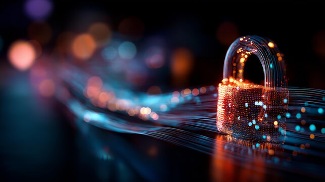 Abstract bright visualization of a cybersecurity padlock icon glowing over a flowing binary code data stream background the padlock's clean silhouette in vivid contrast against