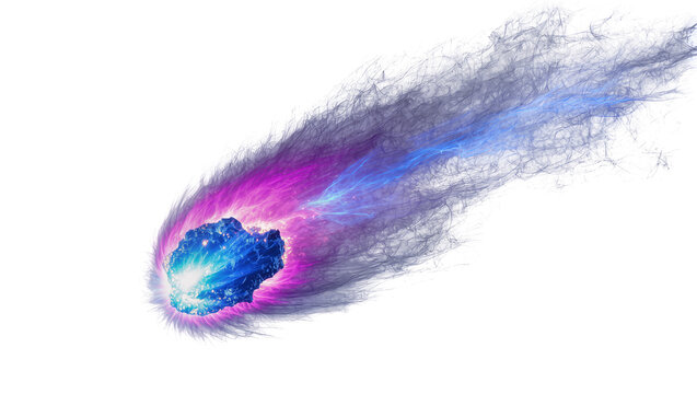 Vibrant blue glowing cosmic asteroid with a long, ethereal purple and blue energy trail, isolated PNG on transparent background, celestial body concept