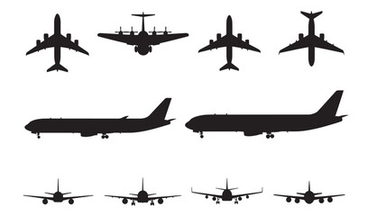 Airplanes jet aircraft silhouettes in various top and side views, depicting commercial and vintage models for transportation graphics © Moinul