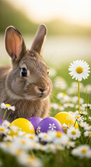 Close-up of a furry brown rabbit near purple and yellow decorated eggs and white daisy flowers in grassy field, represents Easter celebration