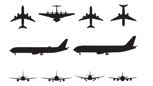 Airplanes jet aircraft silhouettes in various top and side views, depicting commercial and vintage models for transportation graphics