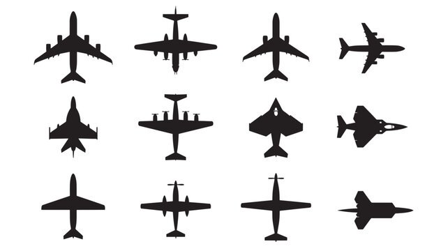 Airplanes silhouette set with diverse aircraft including jumbo jets, fighter jets, and propeller planes from top view.
