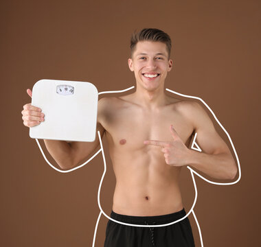 Man happy with his weight loss result on brown background. Outline around his body representing previous body shape