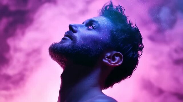 A person stands with their head tilted back, surrounded by colorful lights and mist. The sparkling details on their face and body create an interesting effect in the night scene