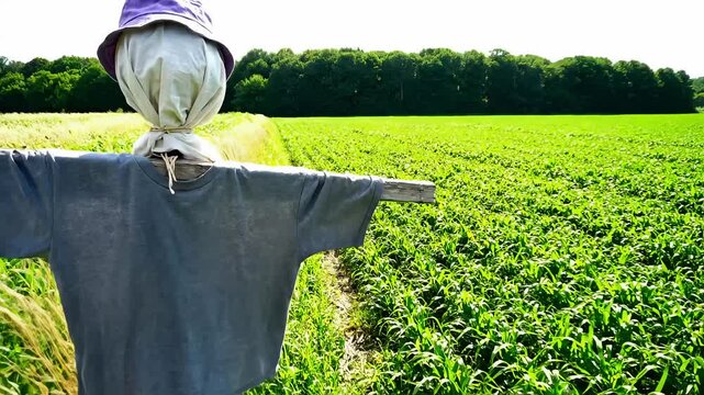Scarecrow standing in a lush green agricultural field on a sunny day