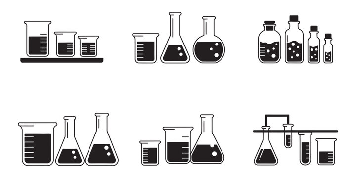 Lab flasks silhouette icon set, chemistry conical flask black icons collection, chemical experiment laboratory glass flask symbols isolated