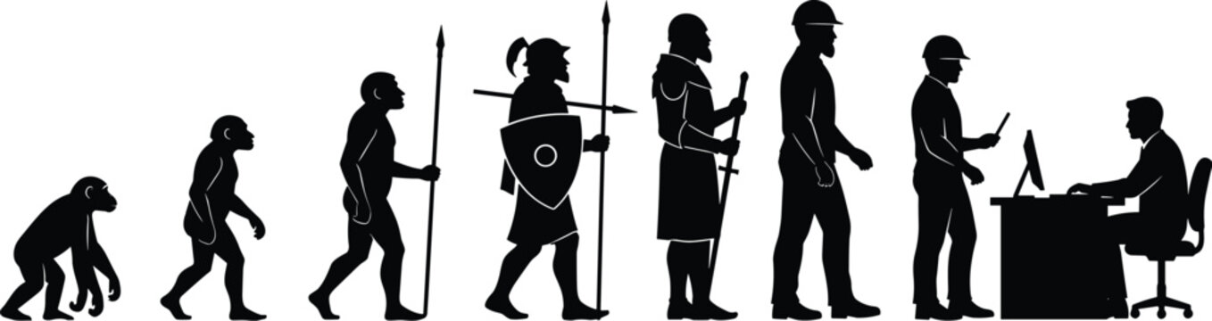 Conceptual silhouette illustration showing the evolution of man from primitive ape to modern office worker sitting at a computer desk