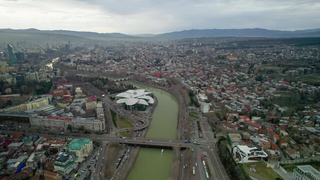 Aerial view of the Mtkvari River and the Tbilisi city panorama. Georgia