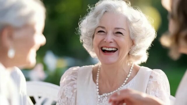 A group of seniors shares laughter and joy outdoors in a community park on a sunny afternoon. They engage in conversation and enjoy their time together, celebrating friendship and connection