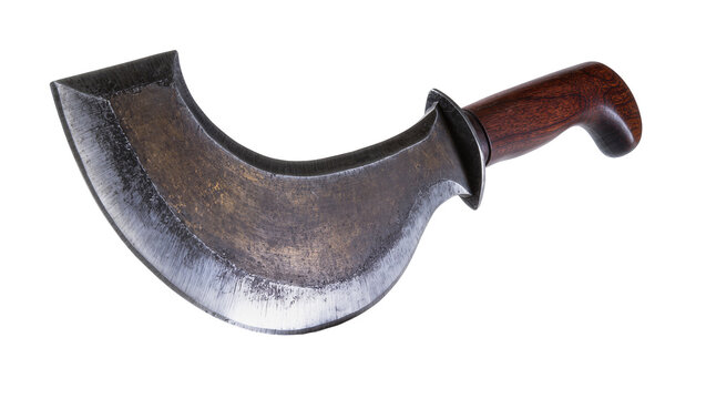 Authentic antique Nepalese kukri knife with a dark, curved steel blade and a rustic wooden handle, isolated PNG on transparent background, traditional weapon for collection