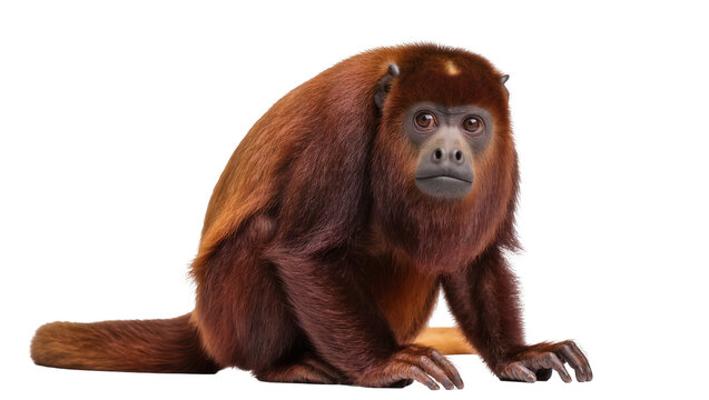 Captivating reddish-brown howler monkey, a majestic primate sitting calmly and looking directly at the viewer, isolated PNG on transparent background