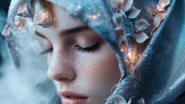 A model showcases her makeup skills while wearing an intricate headpiece that shines with lights. This takes place indoors as the evening sets in, creating a unique atmosphere
