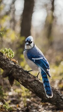 Blue jay perched on branch forest.