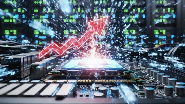A red graph rises on a computer motherboard with data explosion in the background, symbolizing technological growth