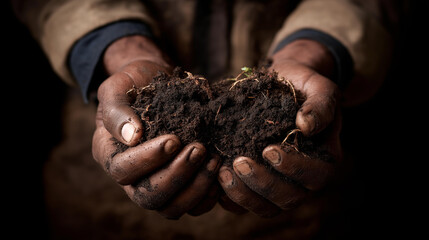Farmer's weathered hands holding rich dark soil teeming with earthworms, cover crop roots visible in cross-section, compost and organic matter integrated throughout, ideal for soil health, carbon © Vitalii