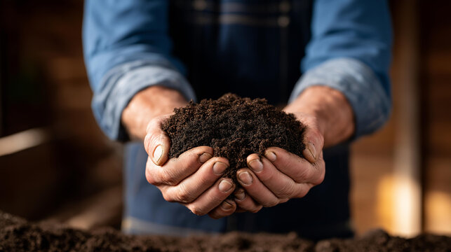 Farmer's weathered hands holding rich dark soil teeming with earthworms, cover crop roots visible in cross-section, compost and organic matter integrated throughout, ideal for soil health, carbon