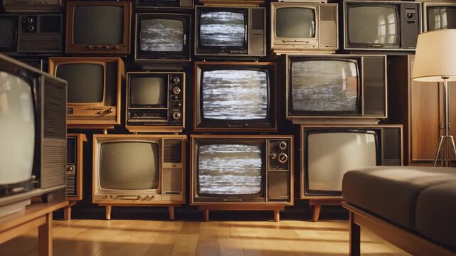 Retro TVs stacked in a modern living room with a couch and lamp, showcasing old technology