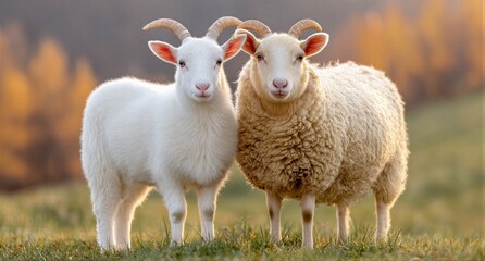 Obraz premium Two young farm animals standing together in a field. White goat and fluffy sheep side by side at golden hour. Rural livestock portrait