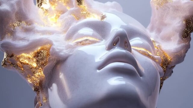 A white head sculpture shows a glowing effect around the top. The design features floating elements with light and texture. This artwork highlights creativity and inspiration