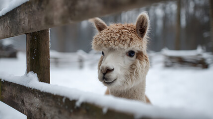 Fototapeta premium Charming Alpaca with Fluffy Wool and Gentle Gaze in Snowy Winter Landscape Behind Rustic Wooden Fence on a Cold Day