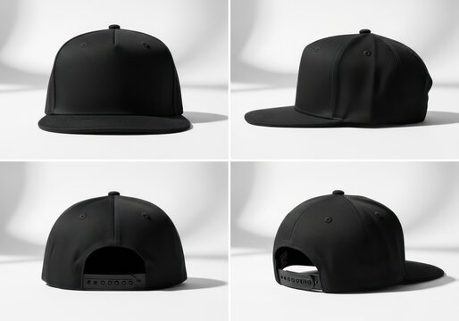 Black snapback hat mockup in various views against a clean white background showcasing design and texture perfect for branding
