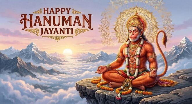 Hanuman jayanti celebration illustration with meditating monkey god on mountain peak at sunset