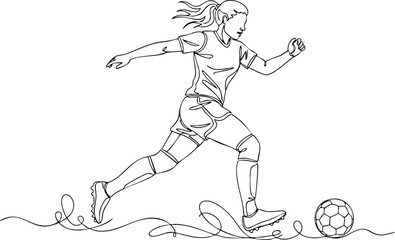 Female Soccer Player Running With Ball Continuous Line Drawing Vector Illustration