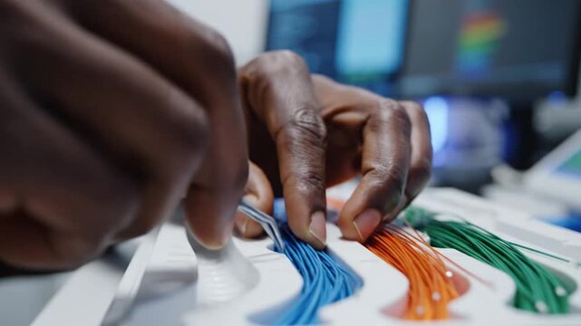 A person's hand organizing colorful wires in a data center or server room with computer screens in the background for technology or networking concepts