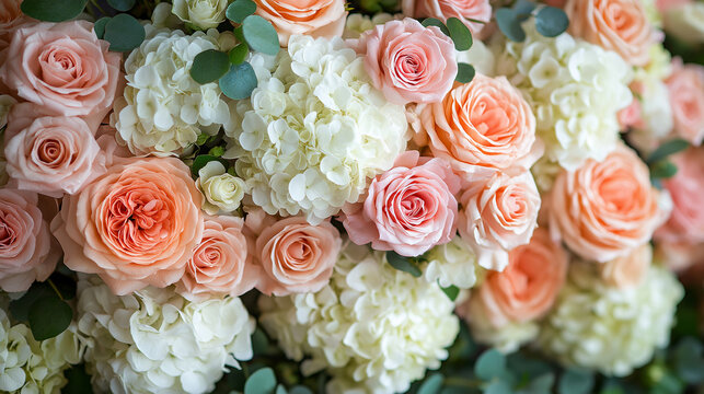 Beautiful floral arrangement with pink roses and white hydrangeas on a soft background