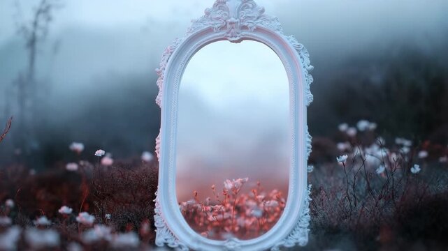 A mirror stands among flowers in a misty field at dawn. Soft light illuminates the scene, leading to thoughts about self and identity. The setting inspires deep reflection
