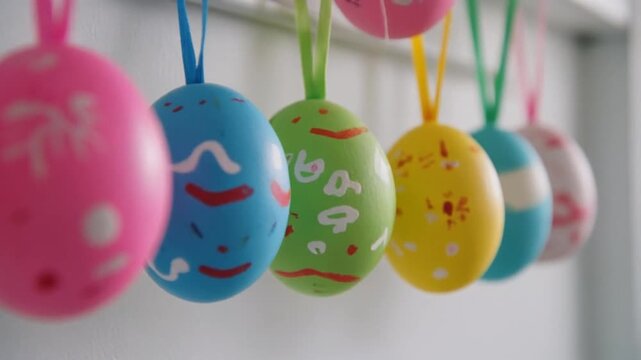 Colorful Easter eggs hanging on a string against a white wall background, possibly for decoration or celebration