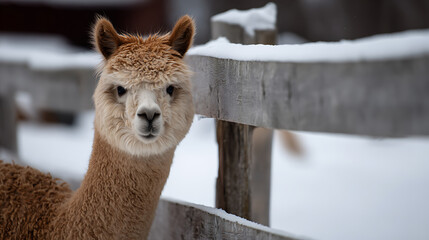 Fototapeta premium Cute furry alpaca animal with brown wool coat and white face looks intently at camera, standing by a rustic wooden fence in a snowy winter landscape