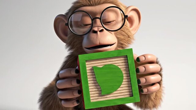 A curious monkey in glasses holds a toy block behind a white surface with a blank background