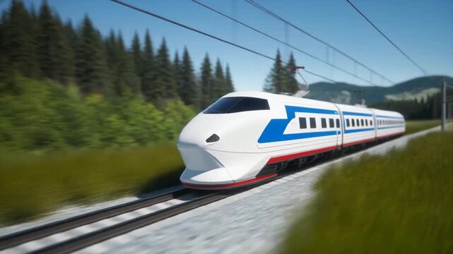A white bullet train speeding along a track beside a serene lake and lush green mountains on a sunny day