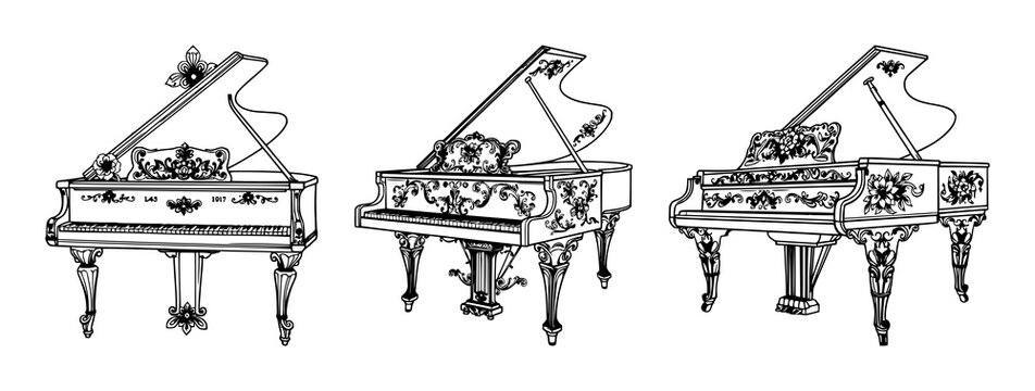 Grand piano set with ornate Victorian line art featuring floral motifs, decorative flourishes, detailed engraving with white background and elegant design