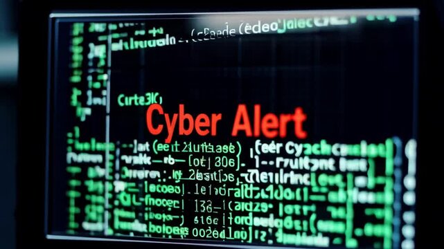 Cyber attack alert on computer screen with code in background, warning of potential security breach