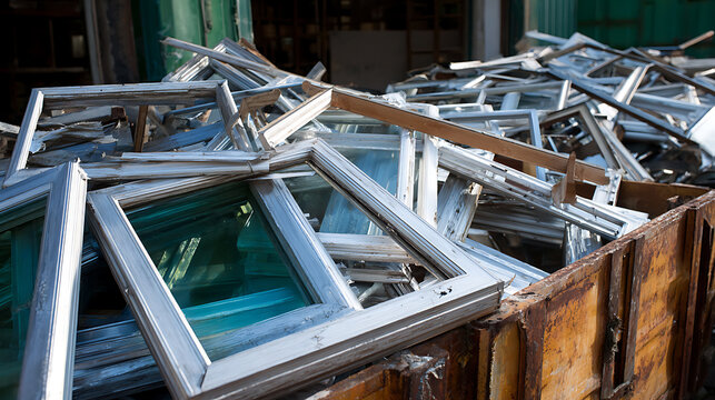 Pile of discarded old window frames with green glass panes, ready for recycling or disposal, set in a rusty metal container outdoors