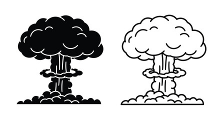 Two stylized depictions of an atomic explosion in black and white © Mama