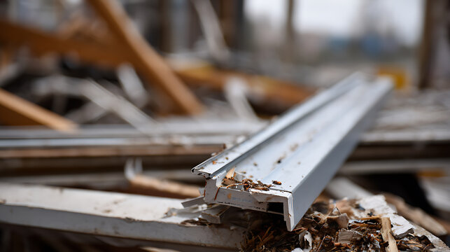Close-up of damaged building materials, a metal rail, and wood debris representing destruction, renovation, or natural disaster aftermath. Focus on textured surfaces and discarded construction waste