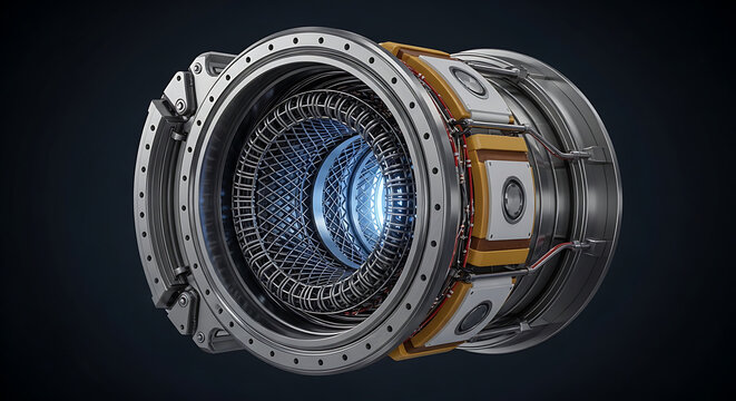 Advanced Fusion Reactor Core Housing with Glowing Blue Plasma Chamber and Electromagnetic Induction Rings for Deep Space Propulsion Systems Engineering Concept Isolated 3D Digital Rendering Model.