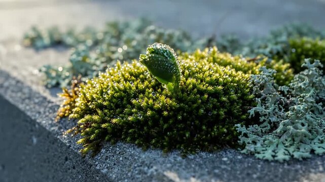 Close up of vibrant green moss and lichen with sparkling dew drops on concrete, showcasing a small plant emerging for natural growth concept.