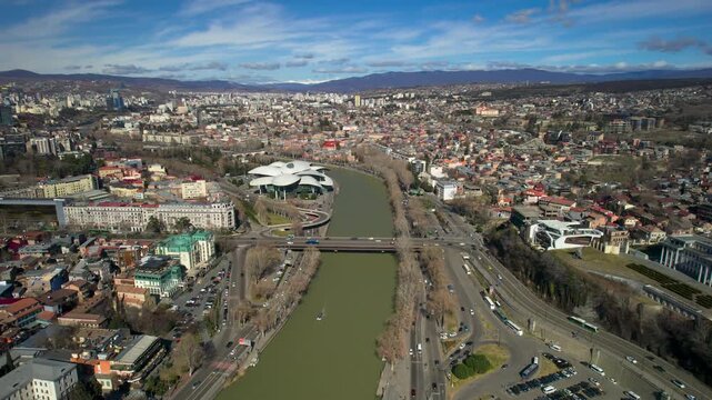 Aerial view of the Mtkvari River and the Tbilisi city panorama. Georgia