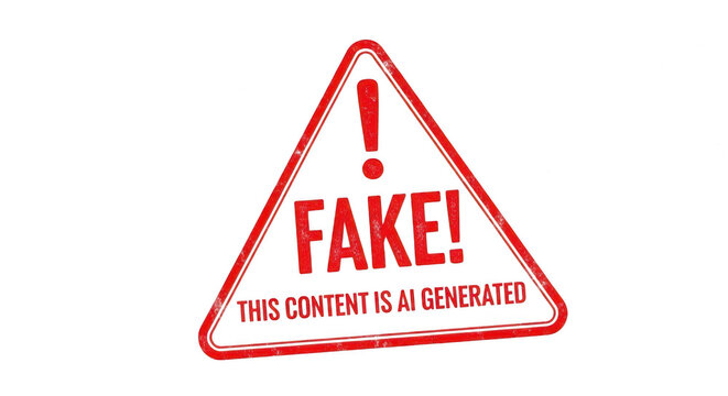 Red triangular warning sign with the word fake and ai generated text isolated png