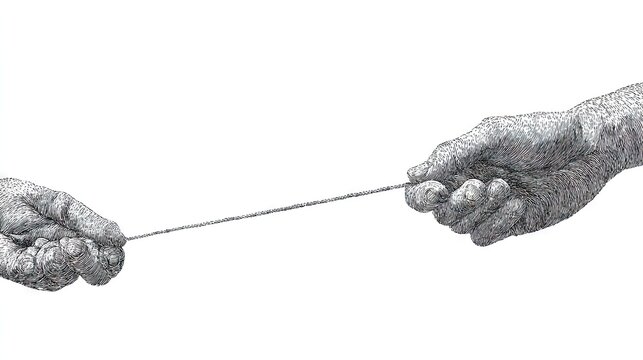 Two hands engage in a focused tug of war pulling on a thin string